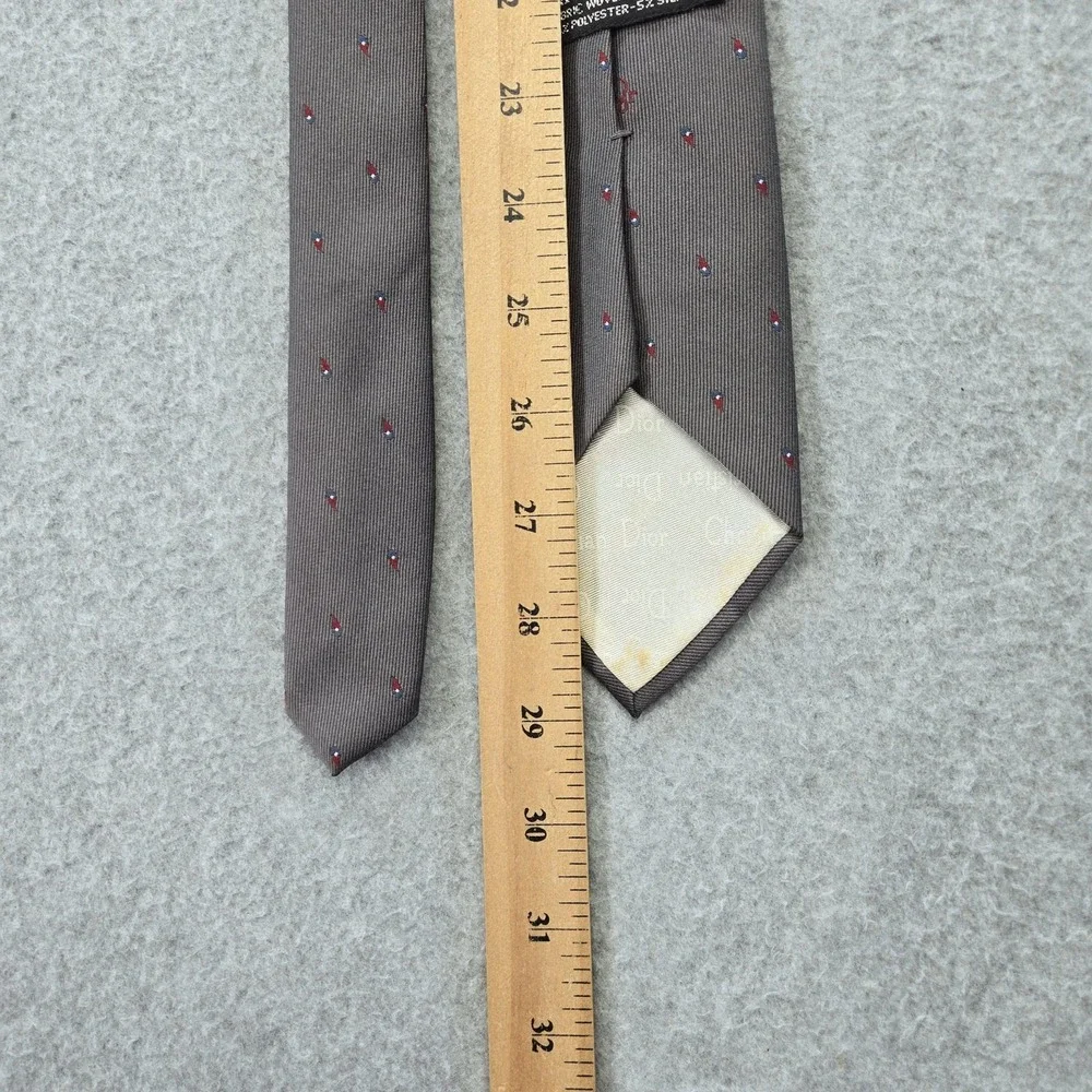 Christian Dior Tie Mens One Size Gray Skinny‎ Geometric Embroidered Silk